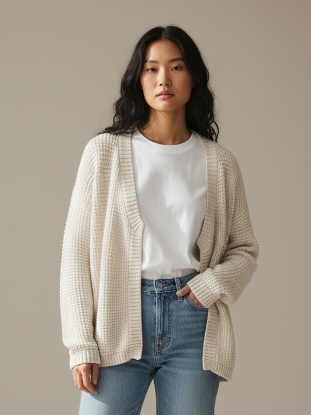 GAP Cream Open-Front Knit Cardigan
